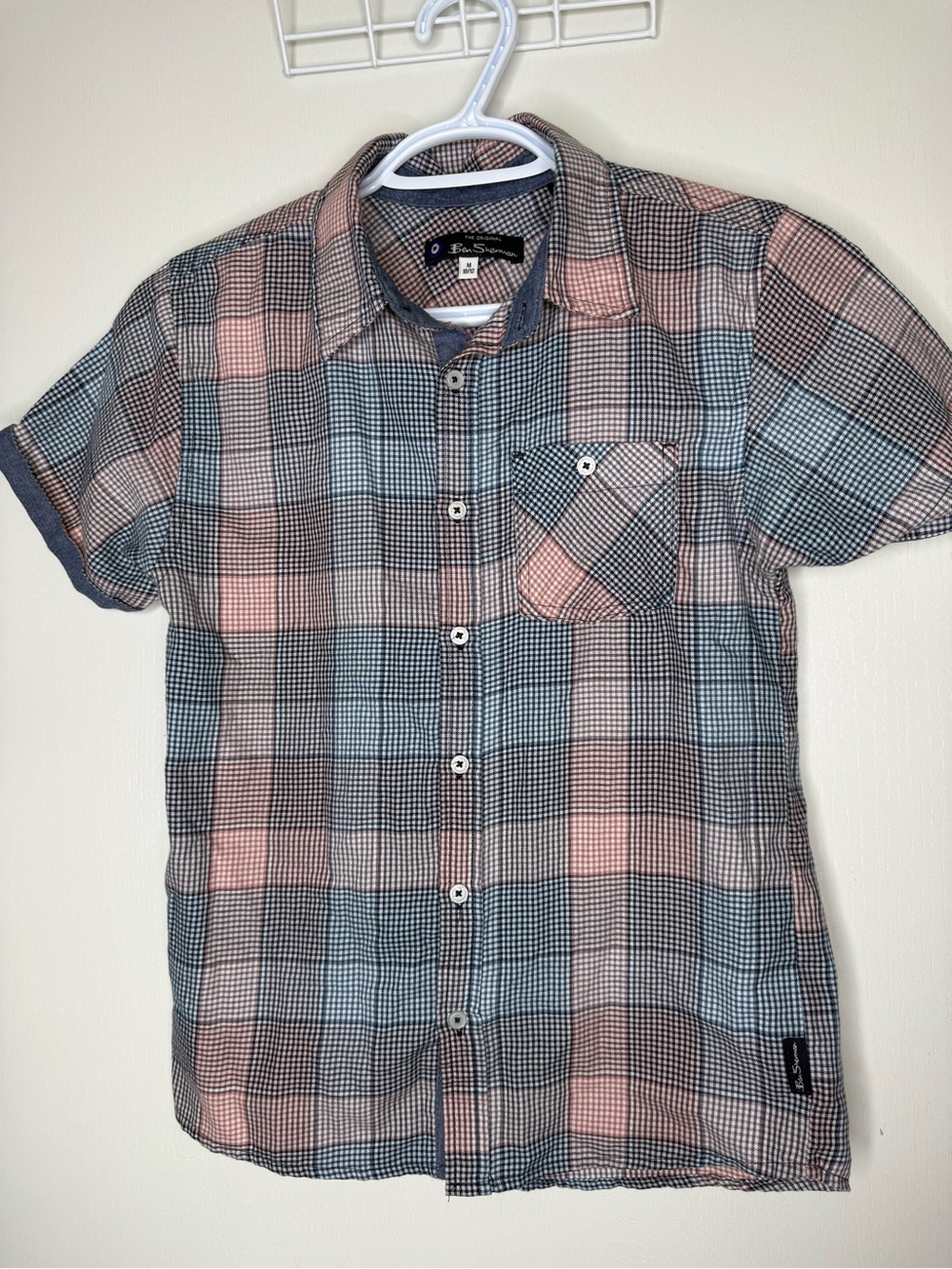 🔥2 for $10🔥 Boys Ben Sherman Short-Sleeve Button Up Plaid Shirt - Coral & Blue